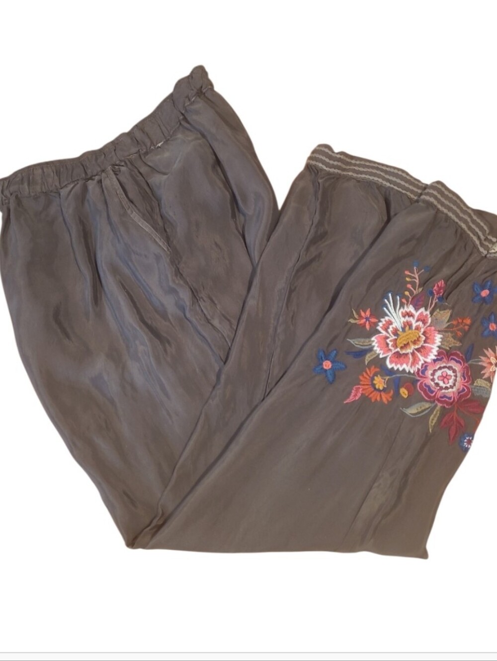 Johnny Was Olive Green Margo Satin Embroidered Jogger Pants Boho M - Picture 4 of 9